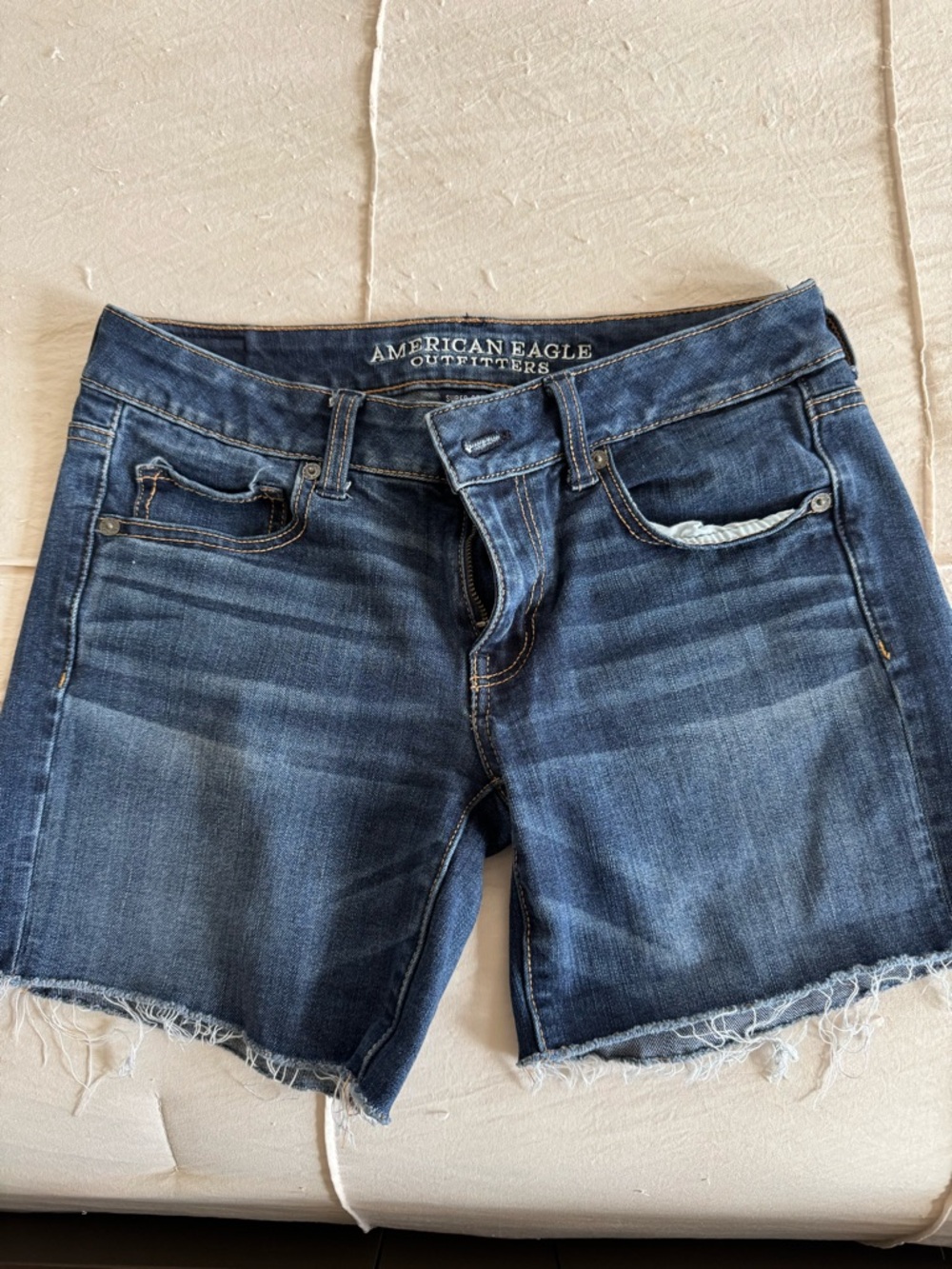 American Eagle Outfitters Midi Indigo Blue Frayed Hem Denim Shorts